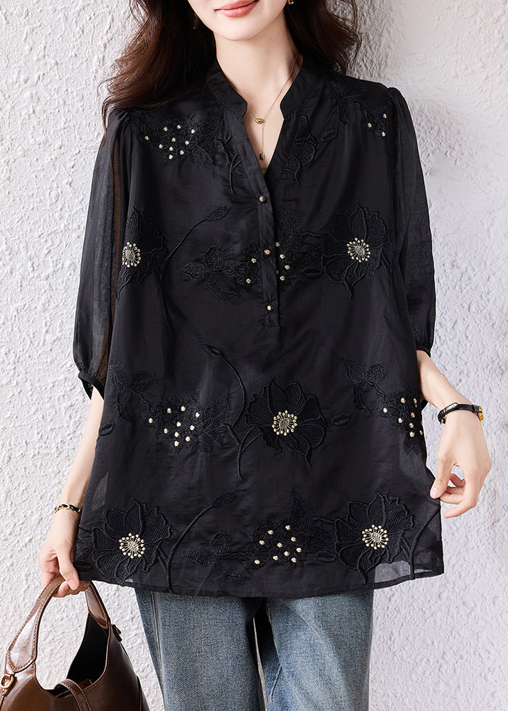 Handmade Black Embroidered Blouse Tops Bracelet Sleeve