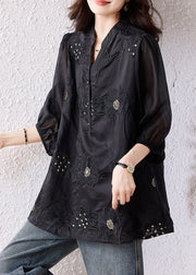 Handmade Black Embroidered Blouse Tops Bracelet Sleeve
