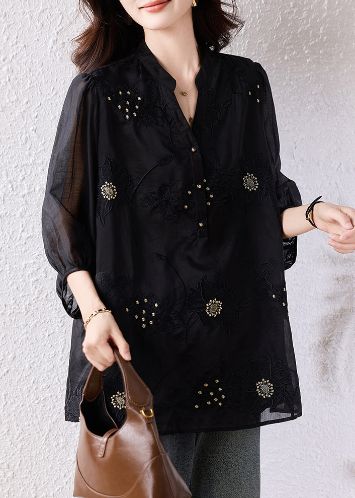 Handmade Black Embroidered Blouse Tops Bracelet Sleeve