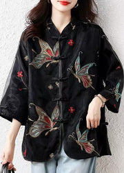 Handmade Black Embroidered Button Tulle Patchwork Silk Velour Blouses Fall