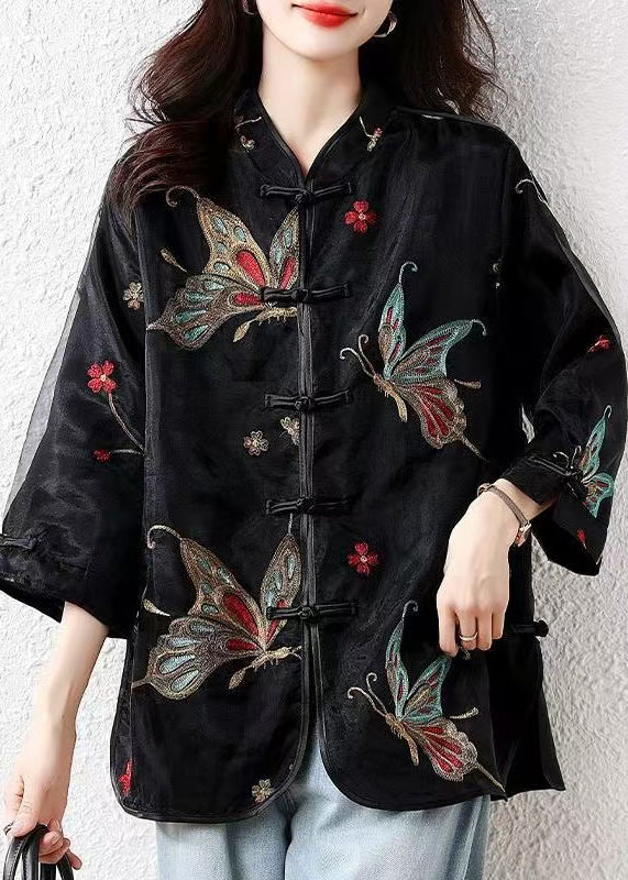 Handmade Black Embroidered Button Tulle Patchwork Silk Velour Blouses Fall