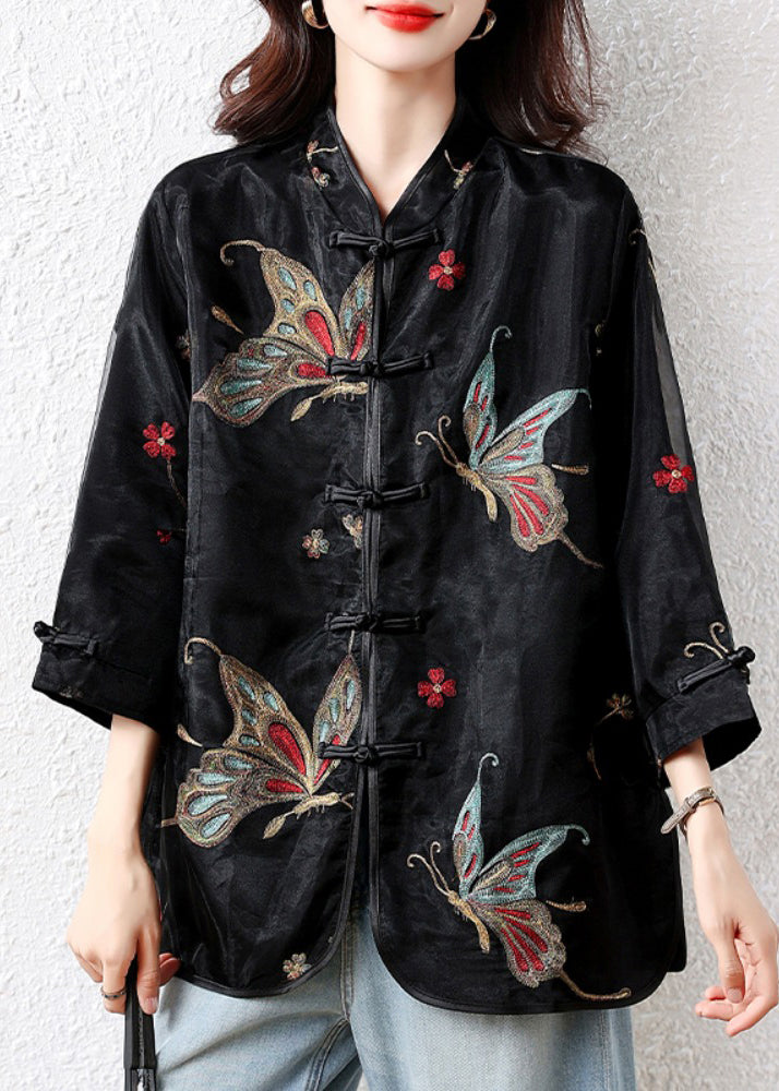 Handmade Black Embroidered Button Tulle Patchwork Silk Velour Blouses Fall