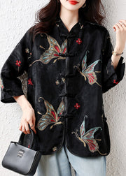 Handmade Black Embroidered Button Tulle Patchwork Silk Velour Blouses Fall