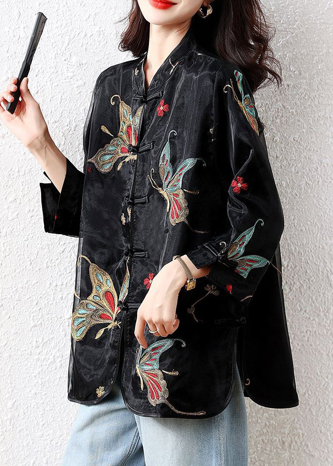 Handmade Black Embroidered Button Tulle Patchwork Silk Velour Blouses Fall