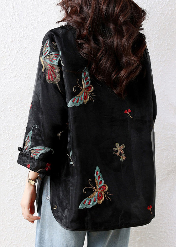 Handmade Black Embroidered Button Tulle Patchwork Silk Velour Blouses Fall