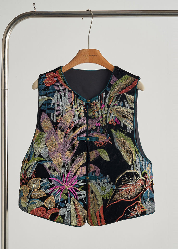 Handmade Black Embroideried Chinese Button Silk Velour Vests Fall
