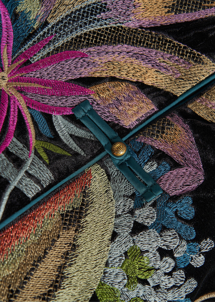 Handmade Black Embroideried Chinese Button Silk Velour Vests Fall