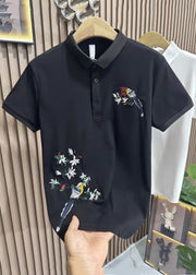 Handmade Black Embroideried Solid Cotton Polo Shirts Men Summer
