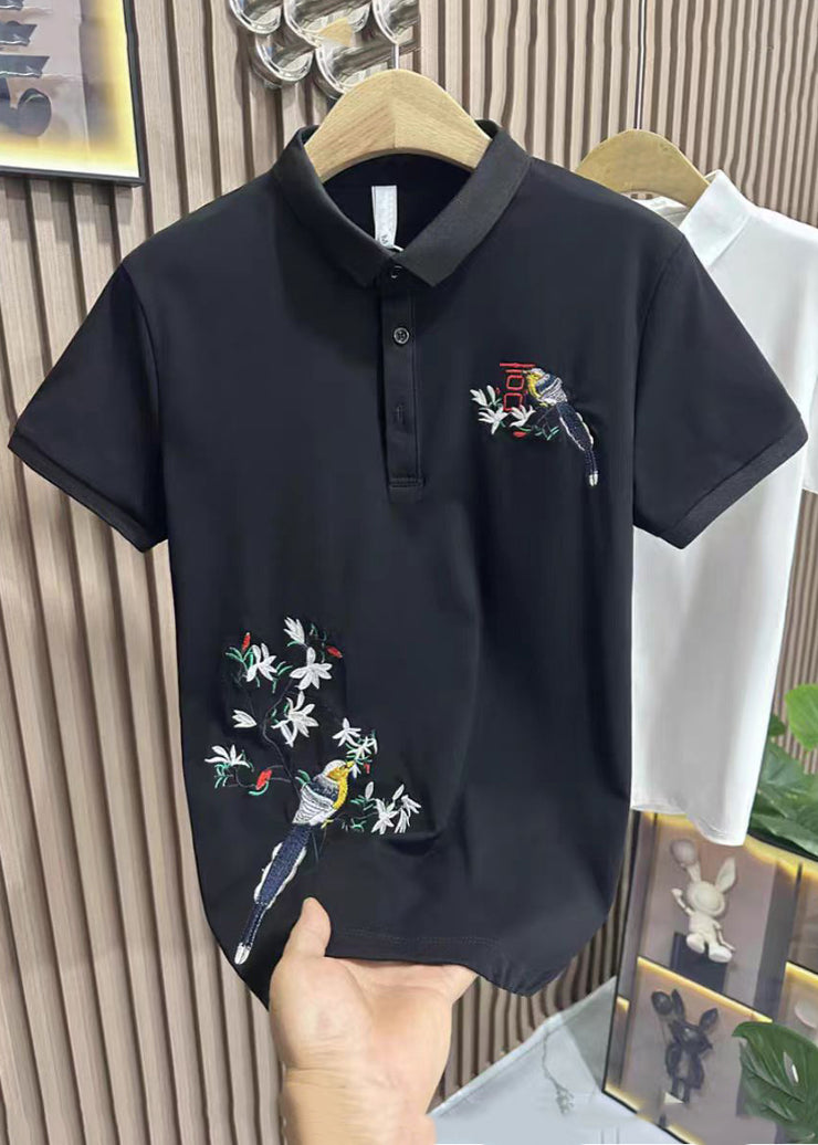 Handmade Black Embroideried Solid Cotton Polo Shirts Men Summer