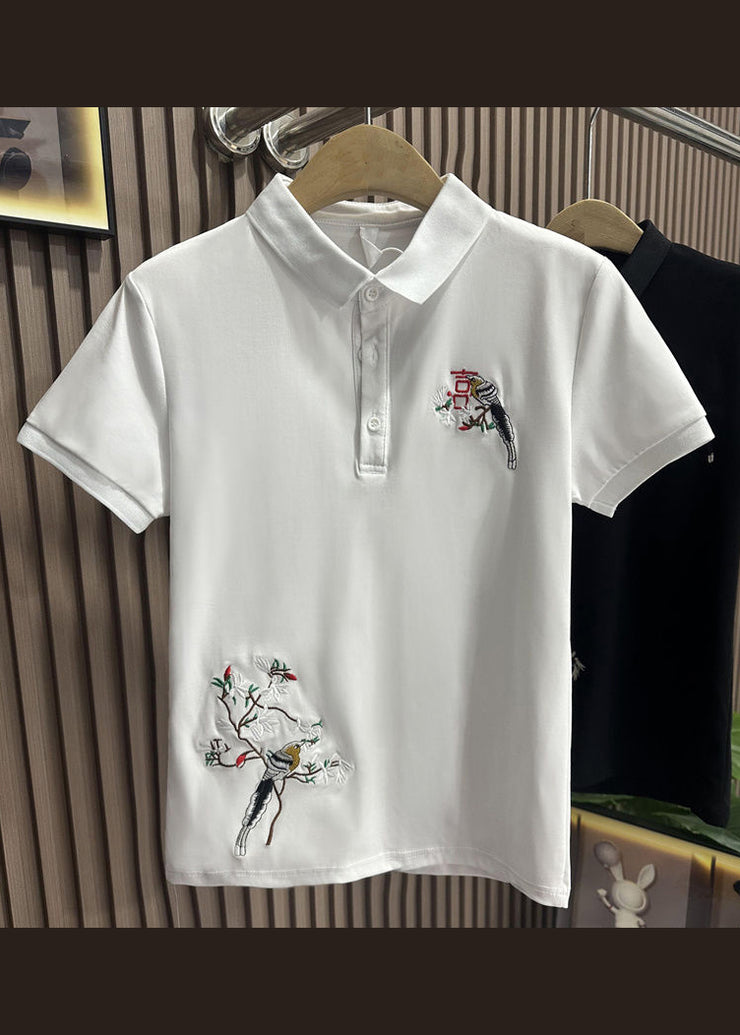 Handmade Black Embroideried Solid Cotton Polo Shirts Men Summer