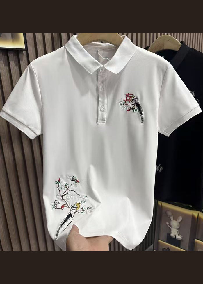 Handmade Black Embroideried Solid Cotton Polo Shirts Men Summer