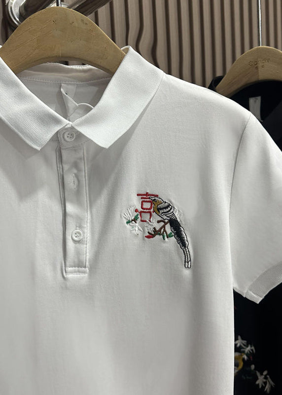 Handmade Black Embroideried Solid Cotton Polo Shirts Men Summer