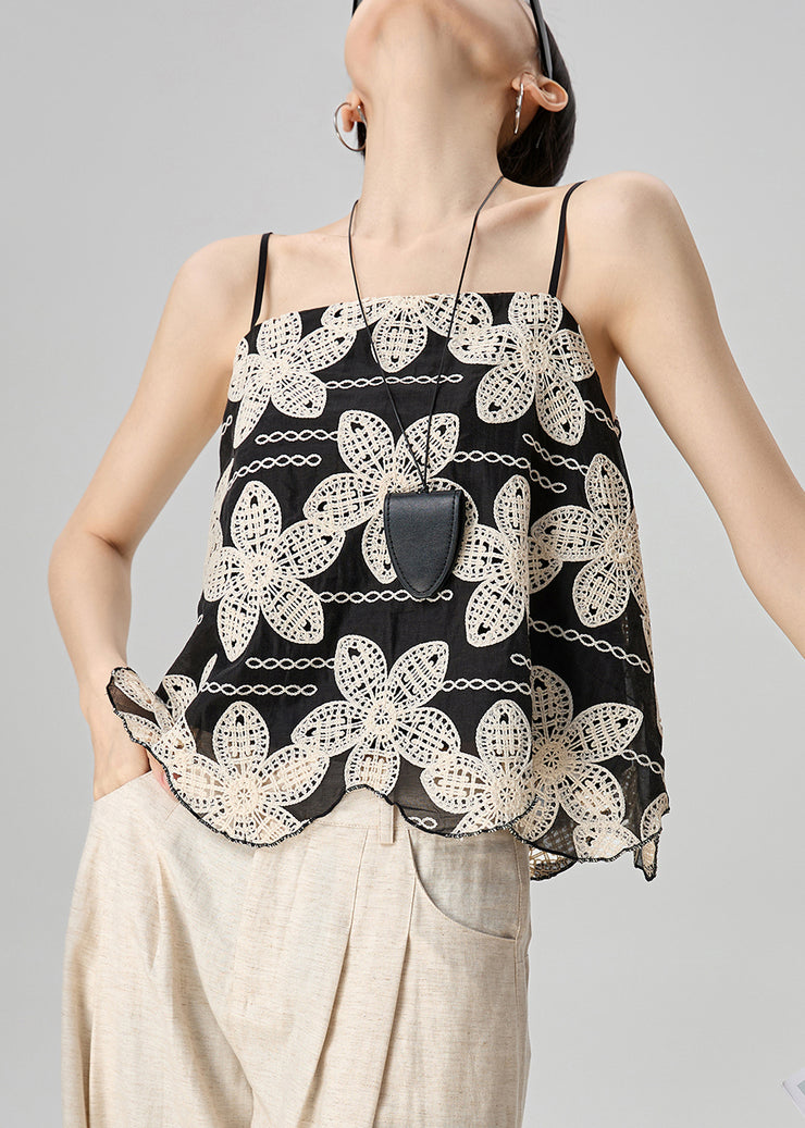 Handmade Black Floral Embroidered Cotton Spaghetti Strap Tank Sleeveless