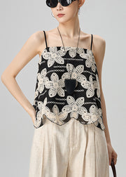 Handmade Black Floral Embroidered Cotton Spaghetti Strap Tank Sleeveless