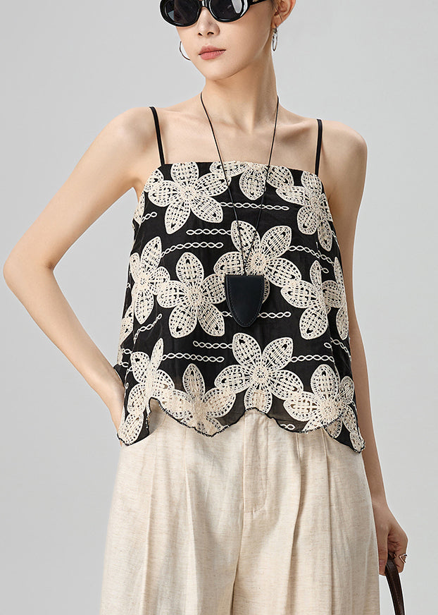 Handmade Black Floral Embroidered Cotton Spaghetti Strap Tank Sleeveless