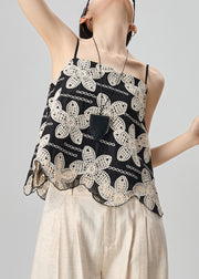 Handmade Black Floral Embroidered Cotton Spaghetti Strap Tank Sleeveless