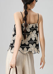 Handmade Black Floral Embroidered Cotton Spaghetti Strap Tank Sleeveless