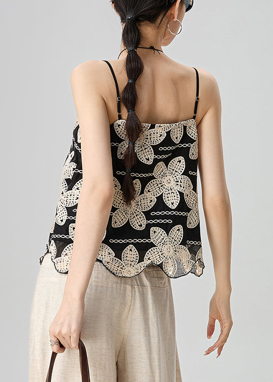 Handmade Black Floral Embroidered Cotton Spaghetti Strap Tank Sleeveless