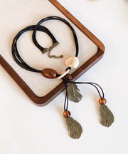 Handmade Black Leather Rope Beading Leaf Tassel Pendant Necklace