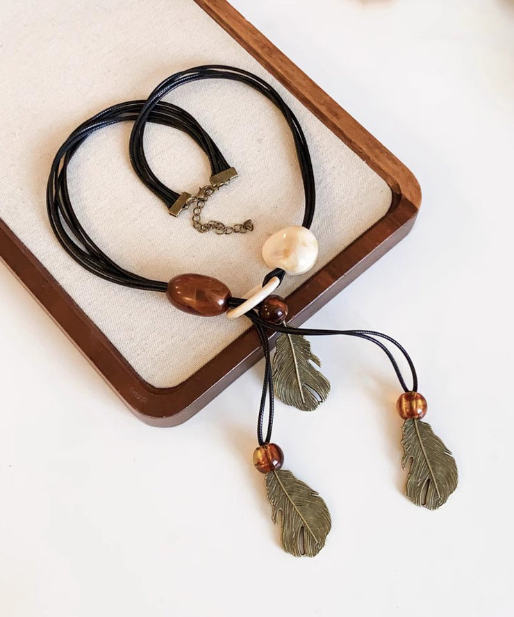 Handmade Black Leather Rope Beading Leaf Tassel Pendant Necklace