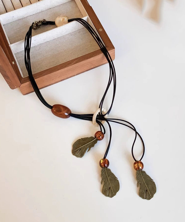 Handmade Black Leather Rope Beading Leaf Tassel Pendant Necklace
