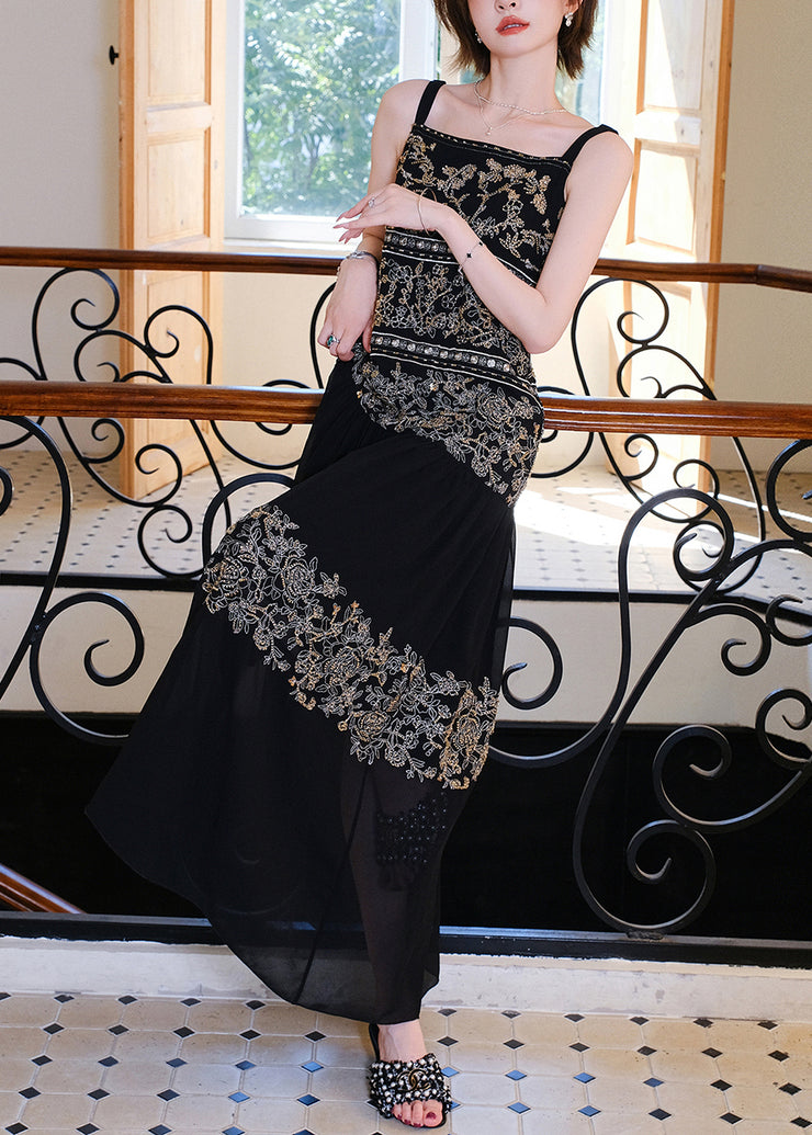Handmade Black Nail Bead Patchwork Spaghetti Strap Dress Sleeveless