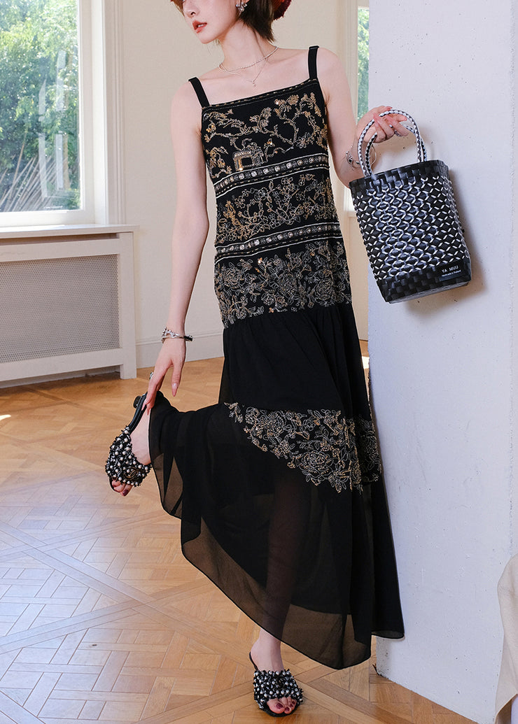 Handmade Black Nail Bead Patchwork Spaghetti Strap Dress Sleeveless