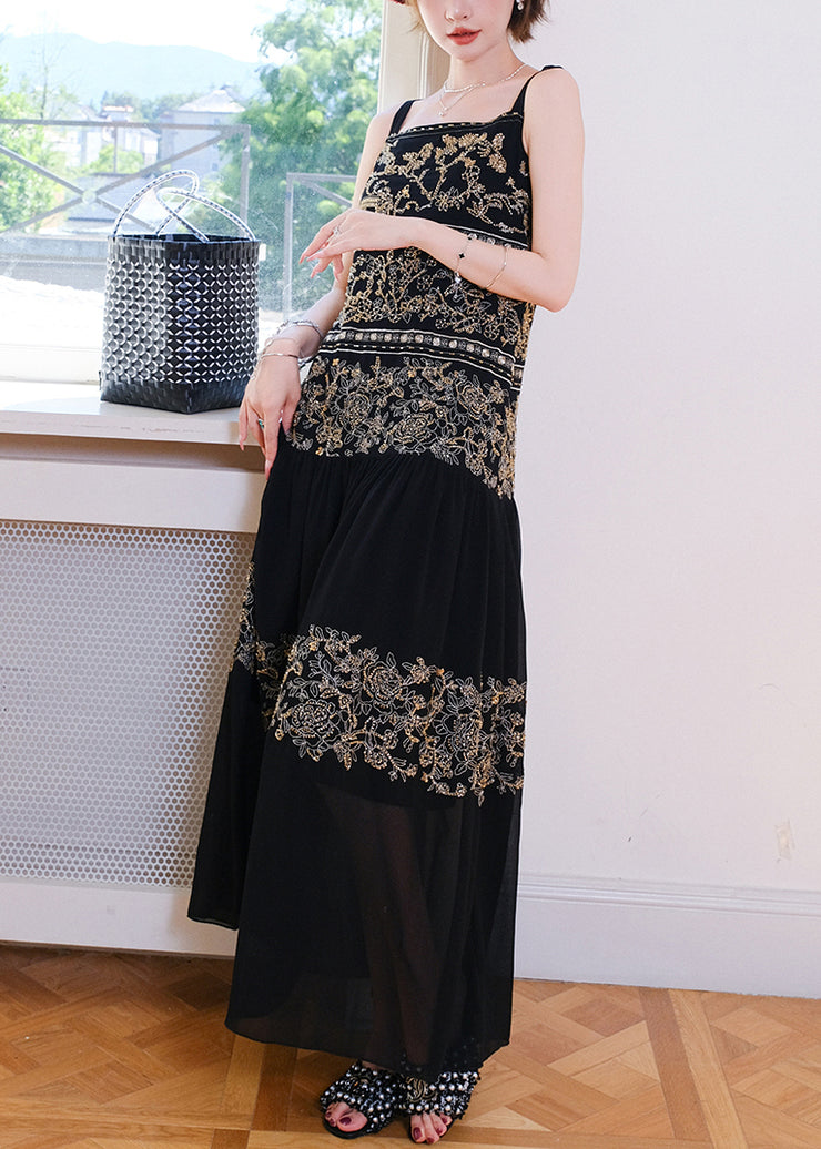 Handmade Black Nail Bead Patchwork Spaghetti Strap Dress Sleeveless