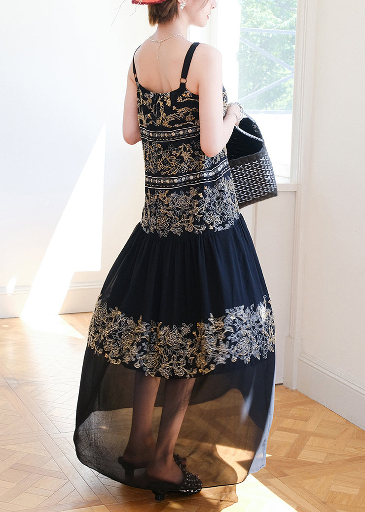 Handmade Black Nail Bead Patchwork Spaghetti Strap Dress Sleeveless