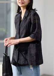 Handmade Black Notched Sheer Linen Silk Blouses Summer