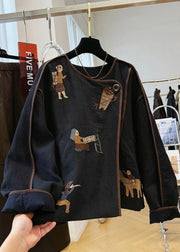 Handmade Black O Neck Embroidered Patchwork Linen Coat Fall