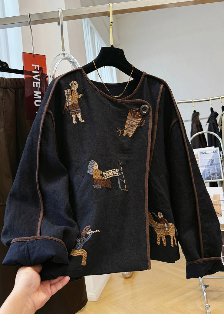 Handmade Black O Neck Embroidered Patchwork Linen Coat Fall