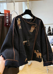 Handmade Black O Neck Embroidered Patchwork Linen Coat Fall