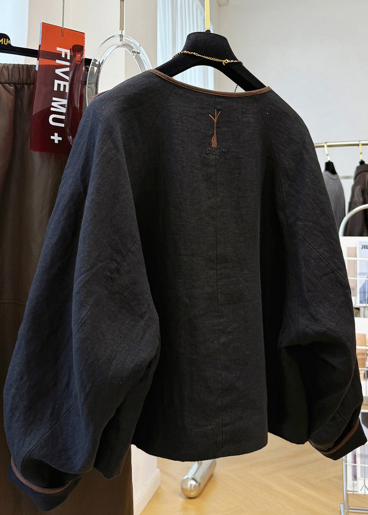 Handmade Black O Neck Embroidered Patchwork Linen Coat Fall