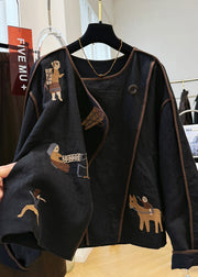 Handmade Black O Neck Embroidered Patchwork Linen Coat Fall