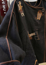 Handmade Black O Neck Embroidered Patchwork Linen Coat Fall