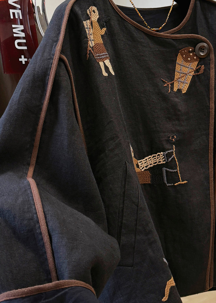 Handmade Black O Neck Embroidered Patchwork Linen Coat Fall