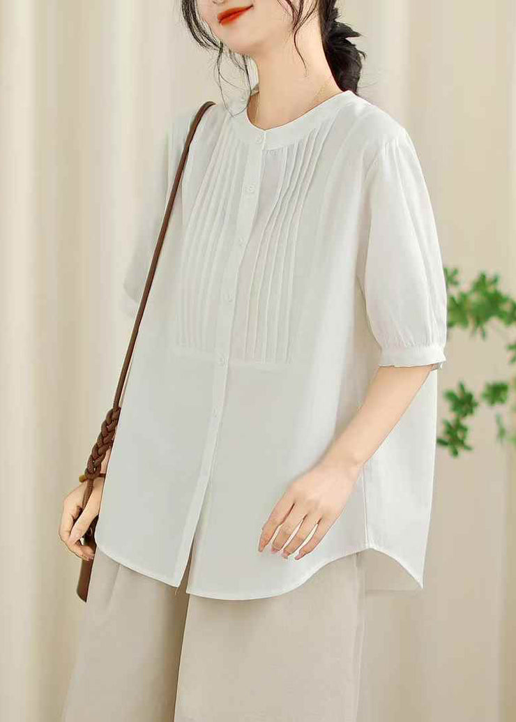 Handmade Black O-Neck Wrinkled Cotton Shirt Tops Summer