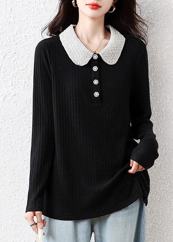 Handmade Black Peter Pan Collar Nail Bead Cotton Blouses Fall