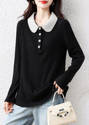 Handmade Black Peter Pan Collar Nail Bead Cotton Blouses Fall
