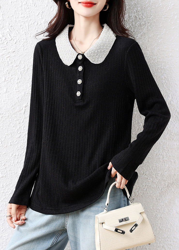 Handmade Black Peter Pan Collar Nail Bead Cotton Blouses Fall