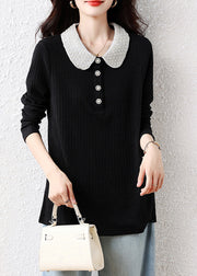 Handmade Black Peter Pan Collar Nail Bead Cotton Blouses Fall