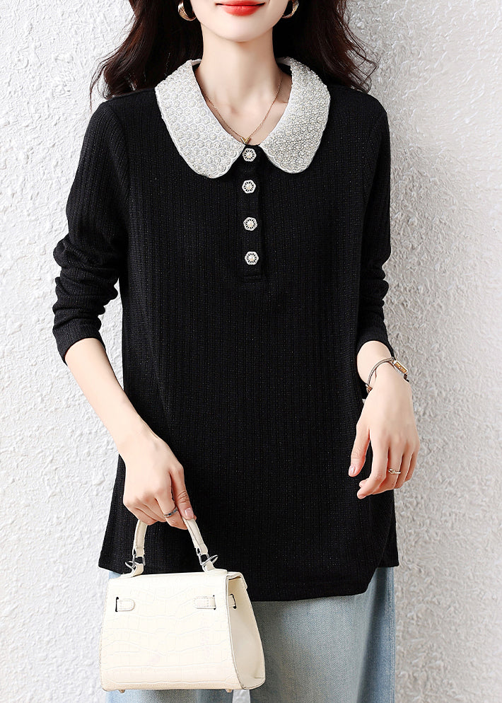 Handmade Black Peter Pan Collar Nail Bead Cotton Blouses Fall
