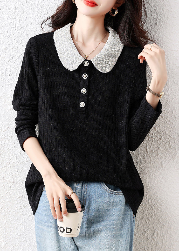 Handmade Black Peter Pan Collar Nail Bead Cotton Blouses Fall