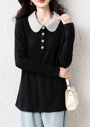 Handmade Black Peter Pan Collar Nail Bead Cotton Blouses Fall