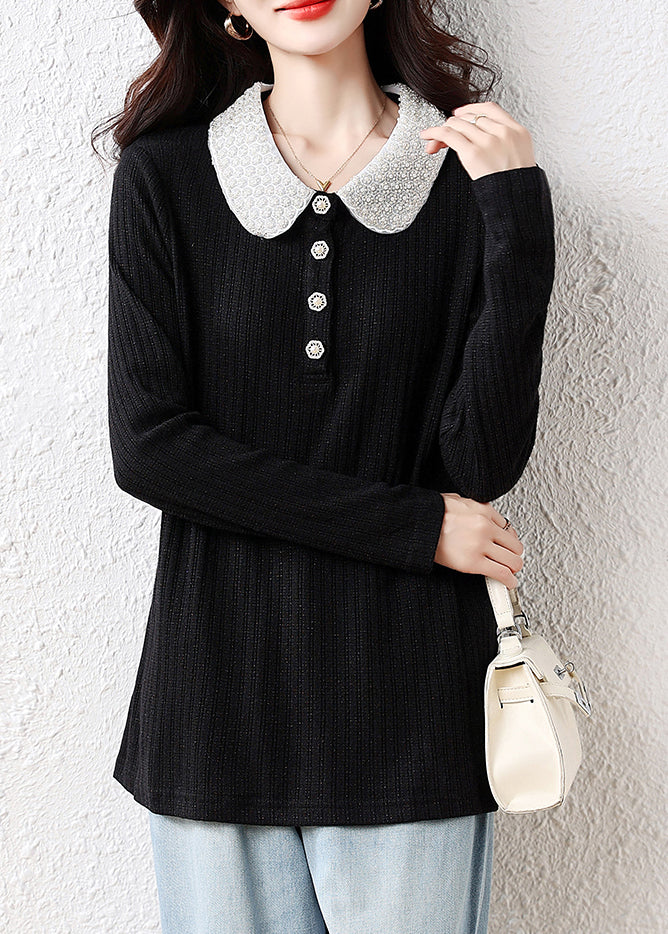 Handmade Black Peter Pan Collar Nail Bead Cotton Blouses Fall