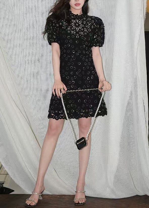 Handmade Black Sequins Hollow Out Cotton Mid Dresses Summer