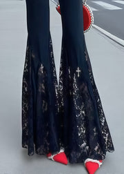 Handmade Black Silm Fit Patchwork Lace Flared Trousers Summer