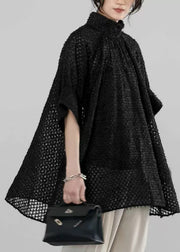 Handmade Black Stand Collar Tulle Sheer Shirt Half Sleeve