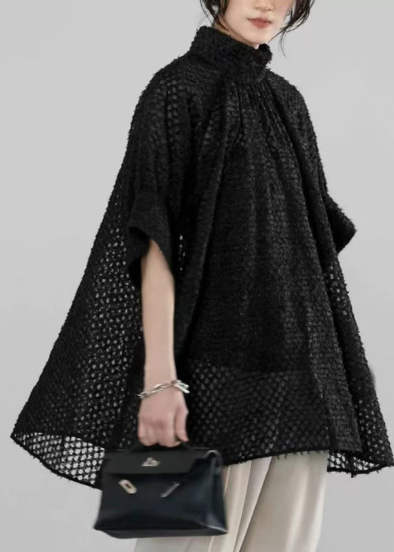 Handmade Black Stand Collar Tulle Sheer Shirt Half Sleeve